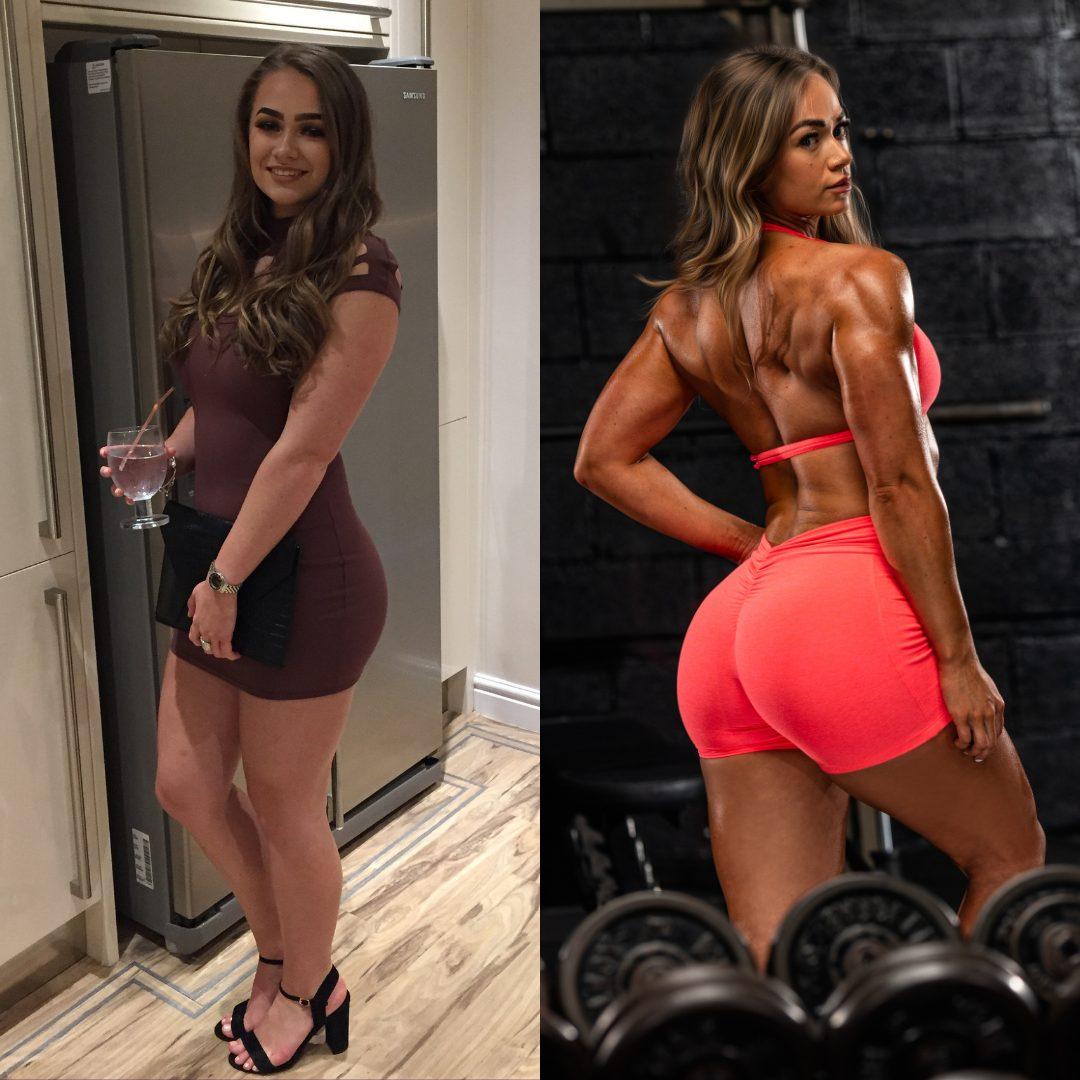 Poppy — a going-out photo next to a more recent physique photo, side by side