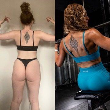 Beth — before and after transformation photos, muscle-building phase followed by a dieting phase for a photoshoot