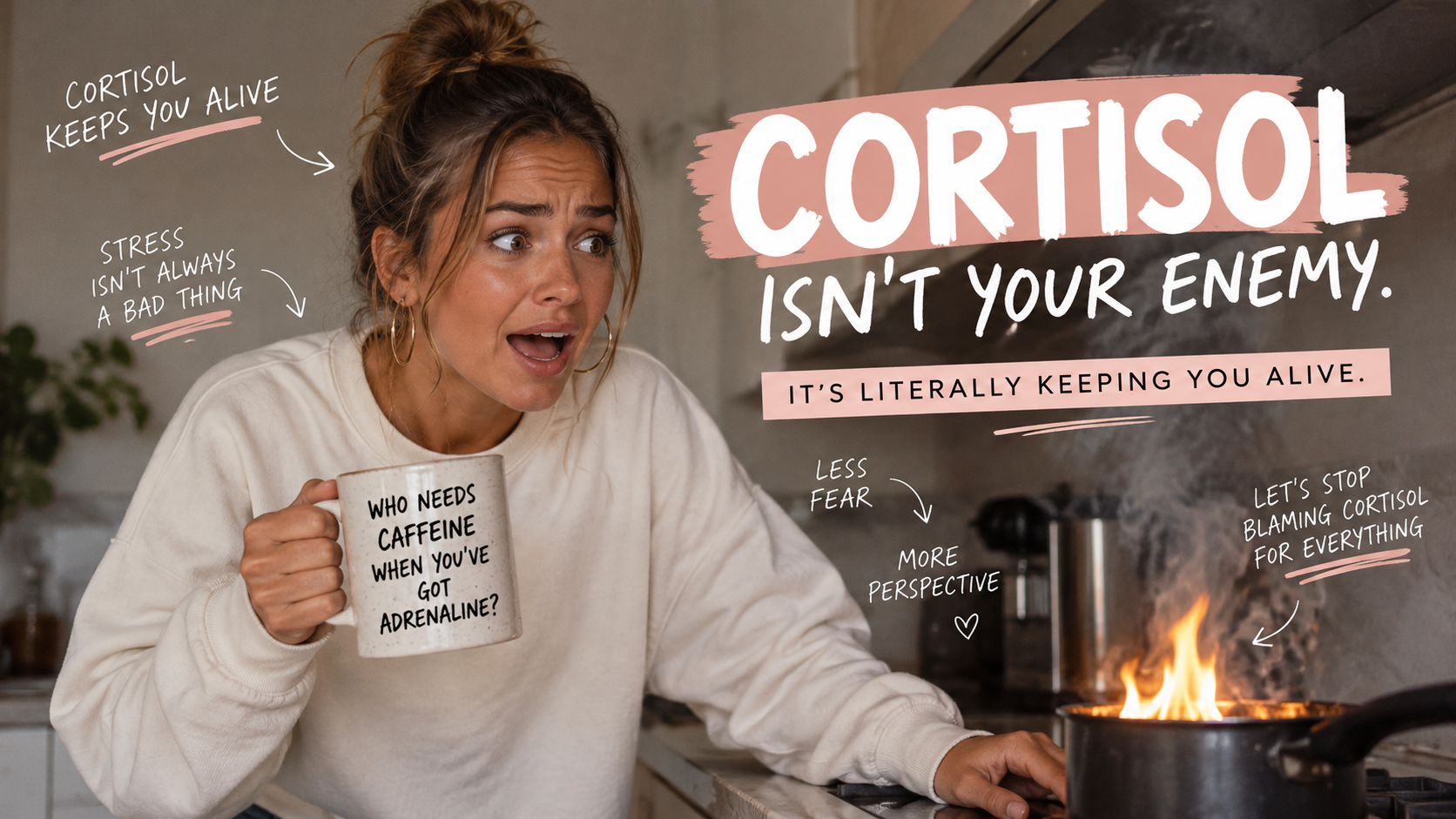 Woman holding a coffee mug and reacting to a pan on fire, with the headline “Cortisol Isn’t Your Enemy.” Featured image for an article explaining why cortisol is essential for survival, how the body's stress response works and its relationship with exercise, stress and fat loss.