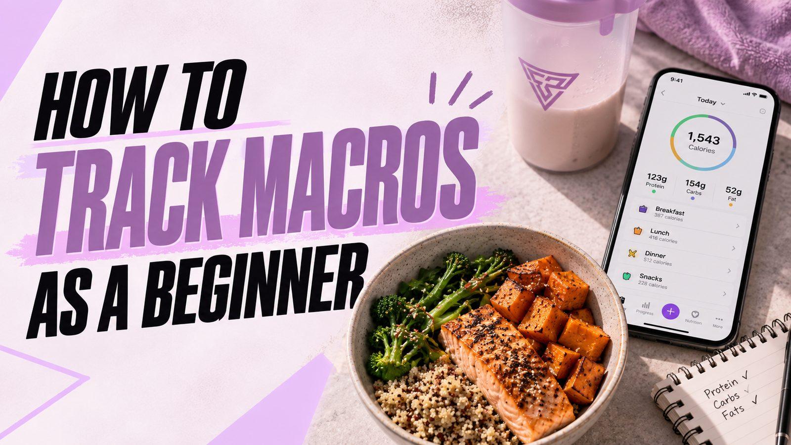 A balanced meal of salmon, broccoli and quinoa next to a phone showing a macro-tracking app with calories, protein, carbs and fat logged