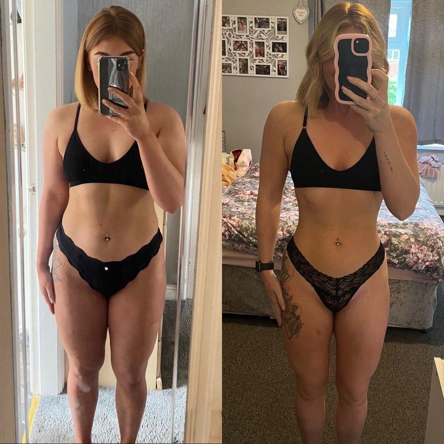 Jess — before and after transformation photos, -12kg dropped