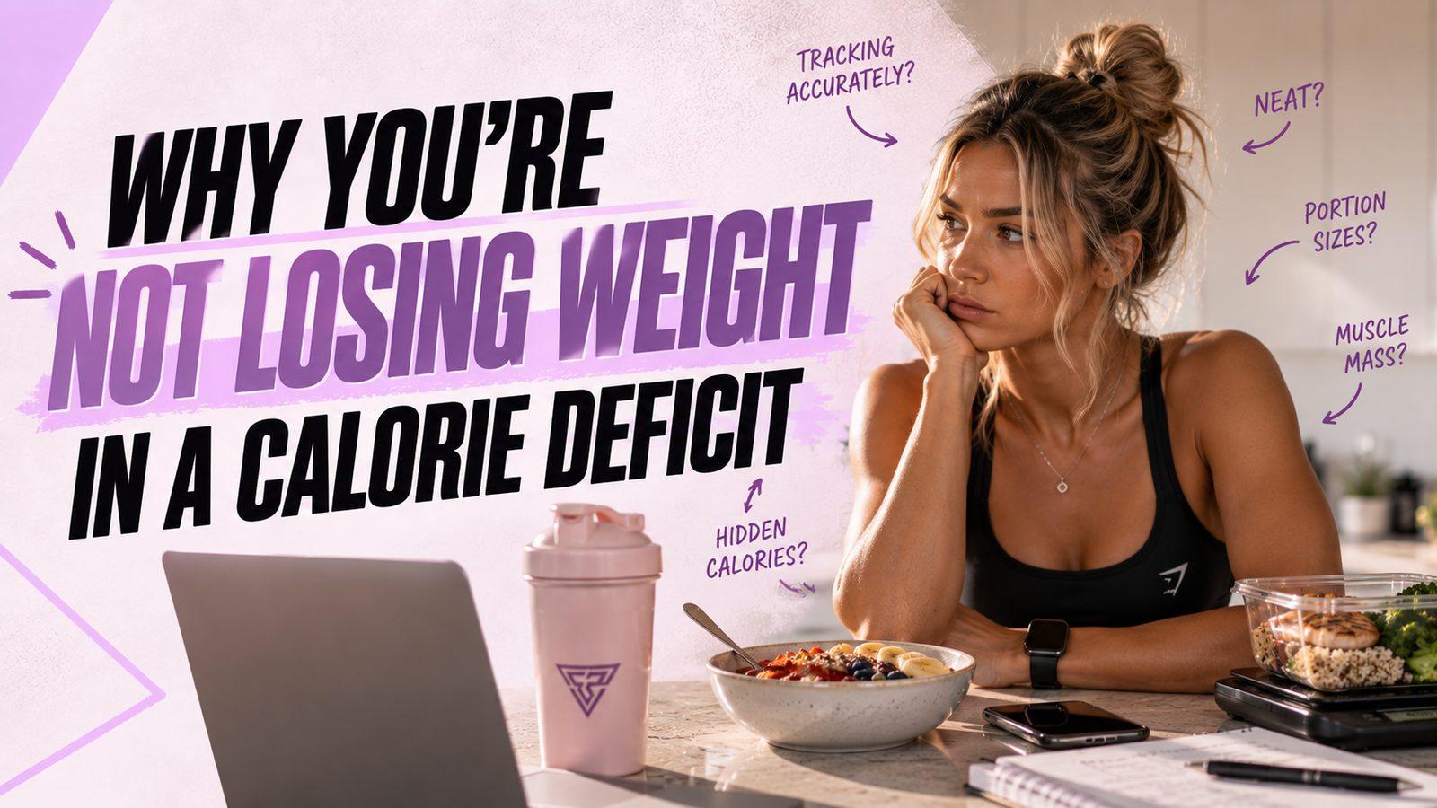 Woman looking thoughtfully at her laptop and a bowl of food, with questions about tracking accuracy, portion sizes and muscle mass around her, illustrating a stalled calorie deficit