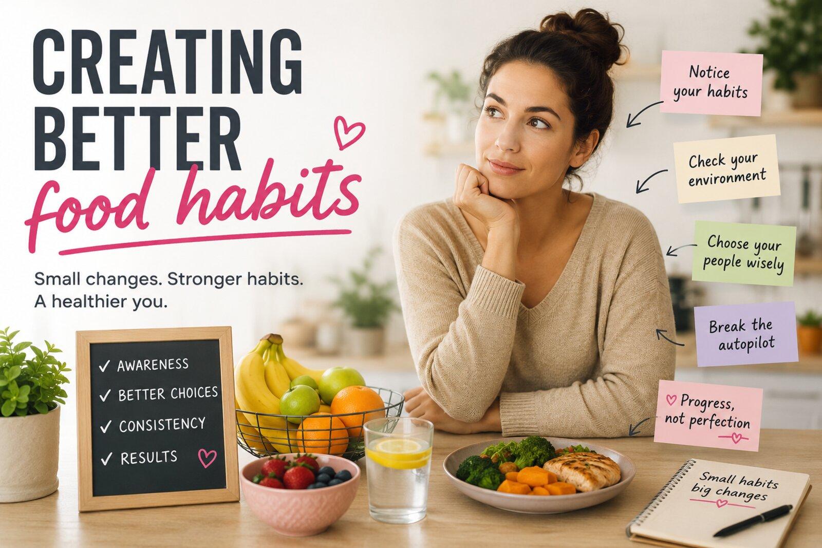 Woman resting her chin on her hand at a kitchen table surrounded by fresh fruit, a balanced meal and sticky notes reading 'notice your habits', 'check your environment' and 'progress, not perfection'