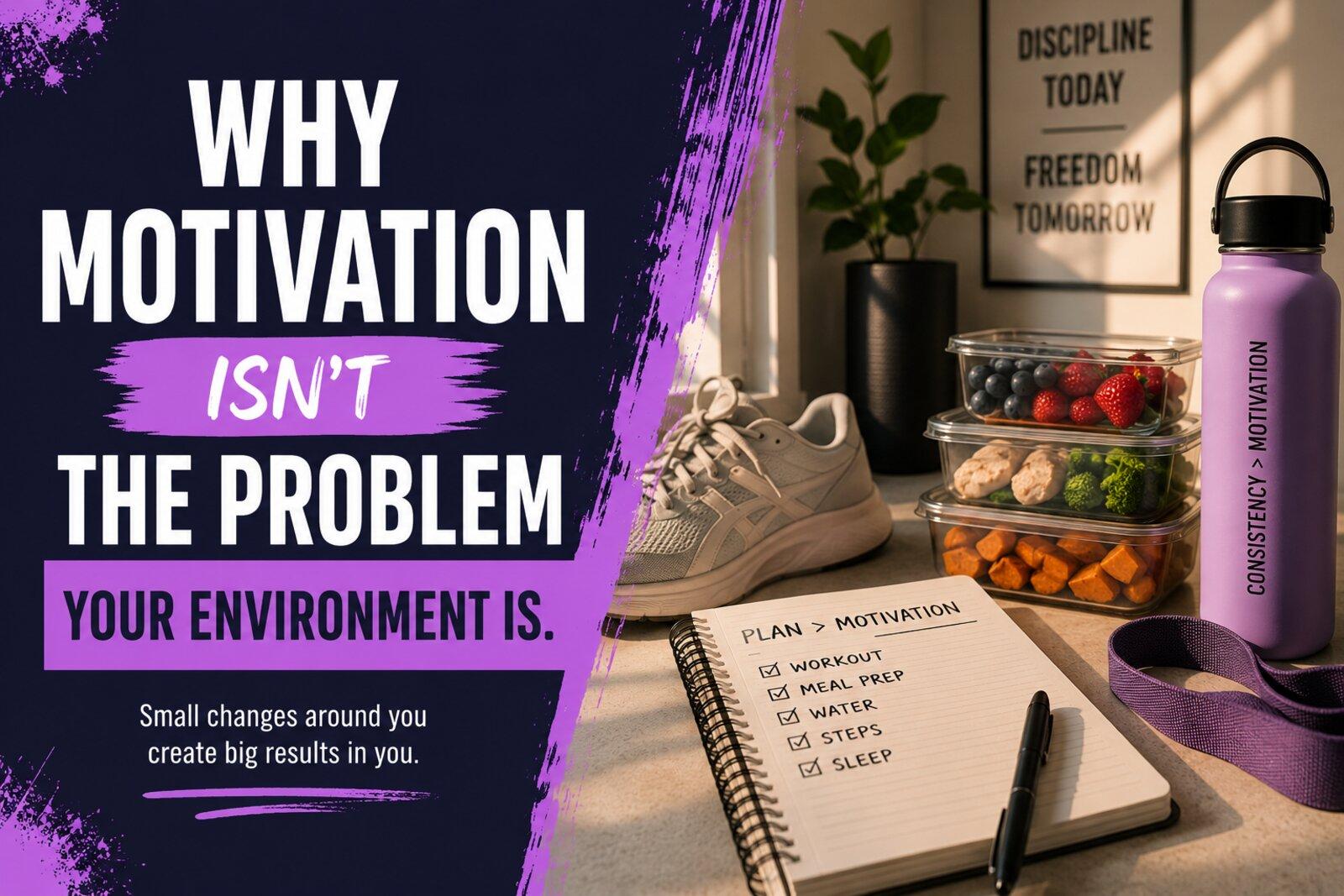 Graphic reading 'Why Motivation Isn't the Problem, Your Environment Is' beside a kitchen counter with meal-prepped containers, running trainers, a water bottle and a notebook reading 'Plan > Motivation'