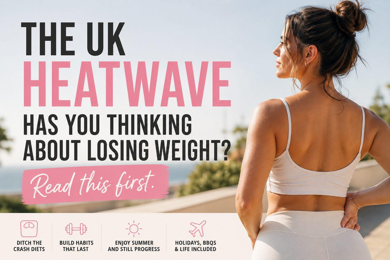 Woman in workout clothes looking out at a sunny sky, illustrating the UK heatwave and losing weight