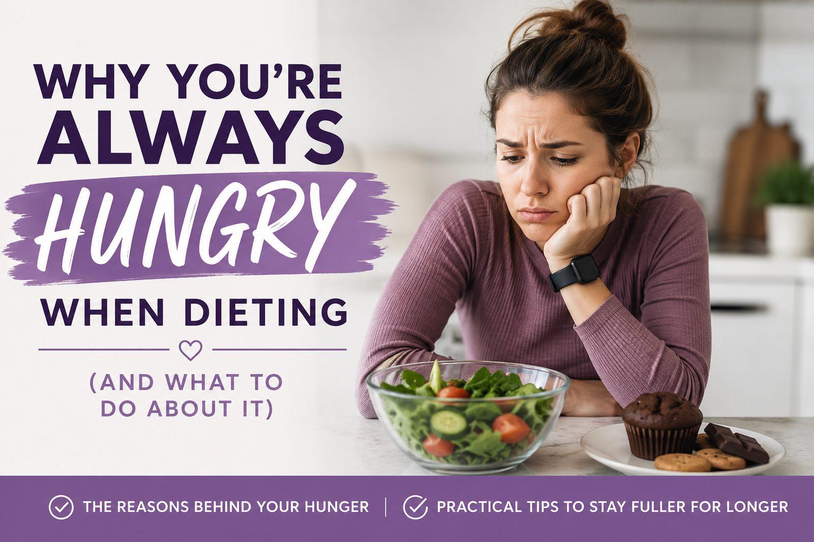 Woman looking hesitantly between a bowl of salad and a plate of muffins and cookies, illustrating constant hunger while dieting