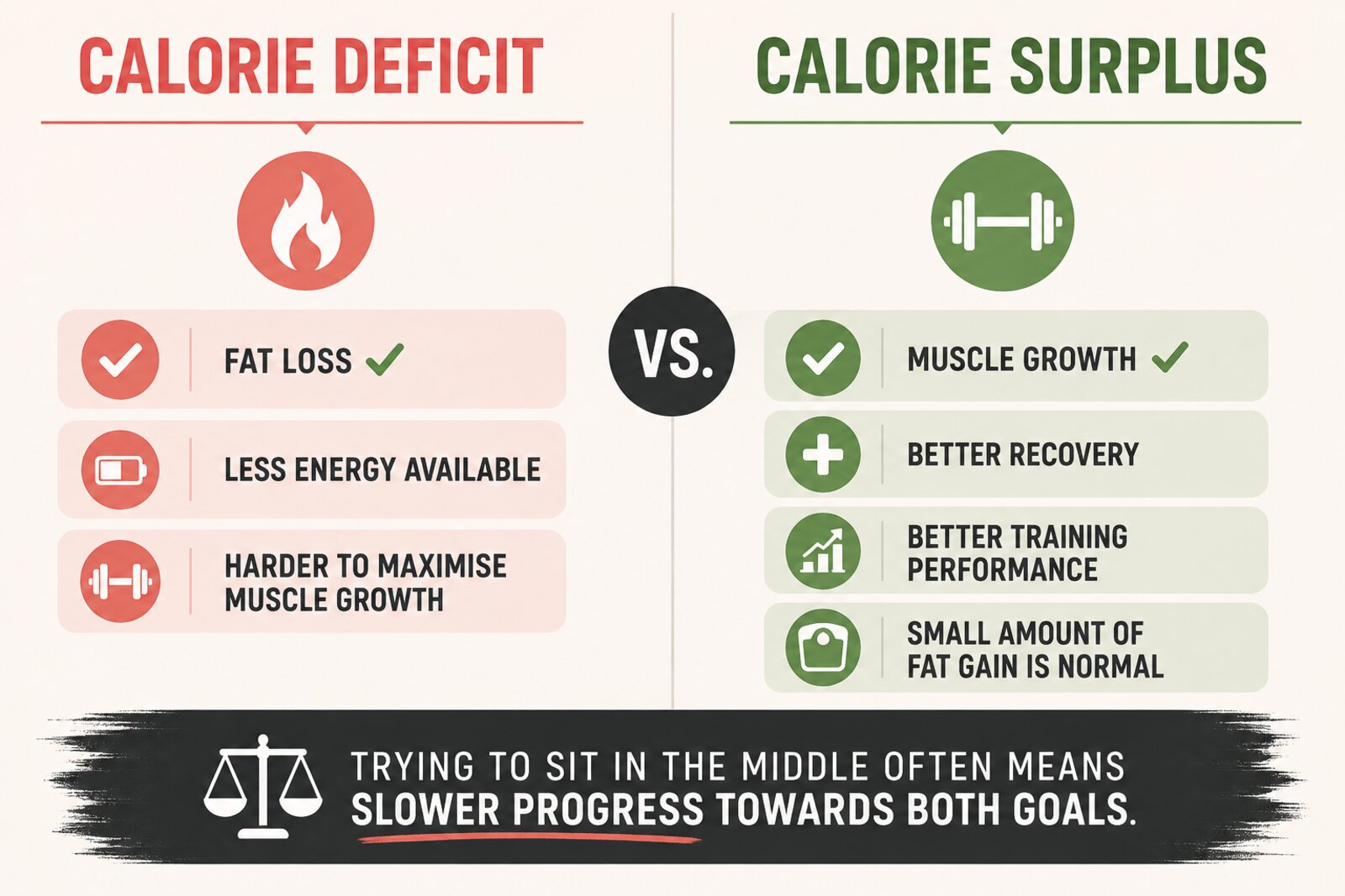 Infographic comparing a calorie deficit — fat loss, less energy available, harder to maximise muscle growth — with a calorie surplus — muscle growth, better recovery, better training performance — showing that sitting in the middle often means slower progress toward both goals